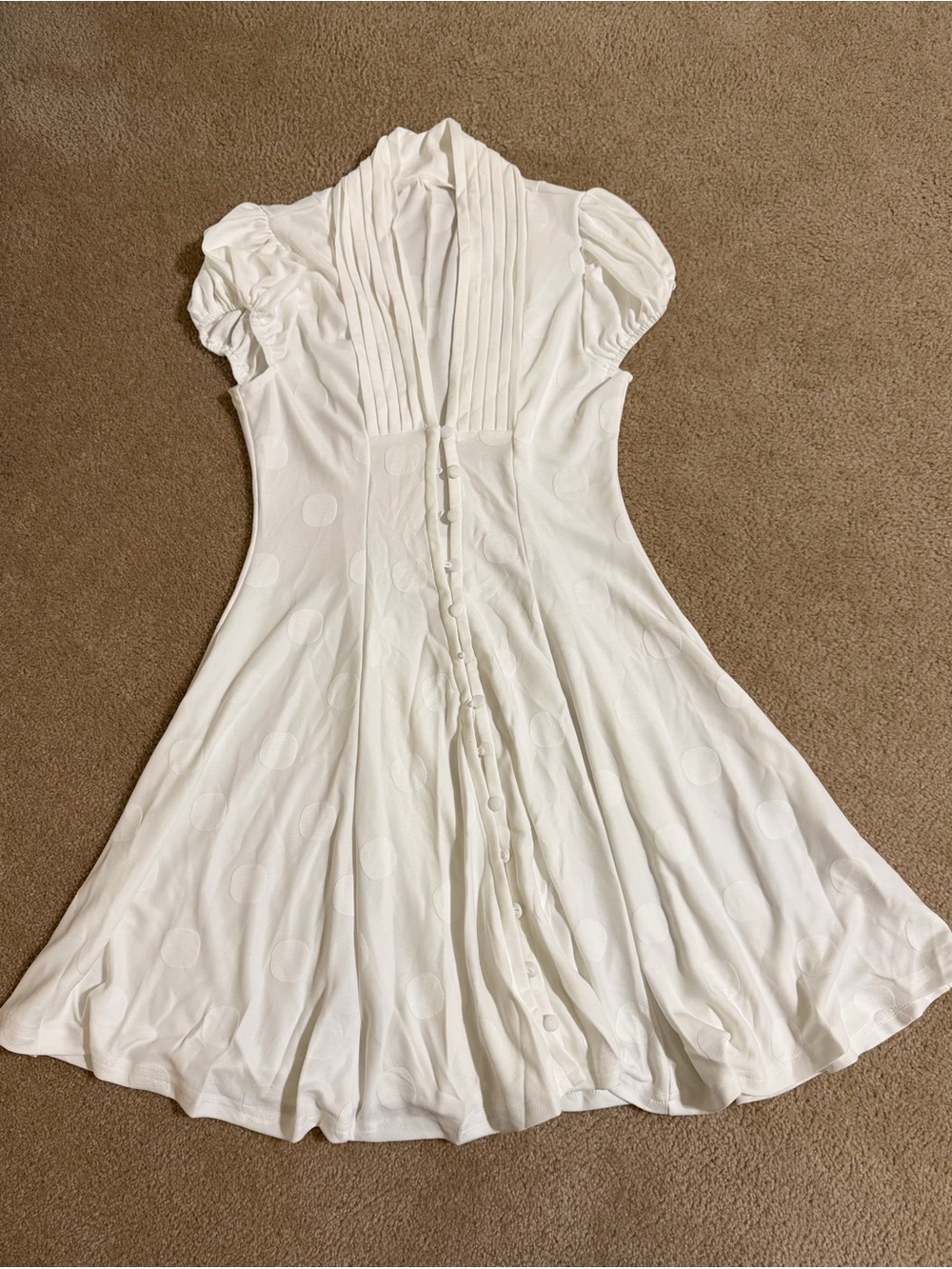 White Button-Front Pleated Fit & Flare Dress